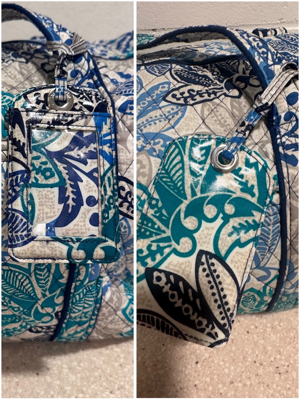 2pc Vera Bradley Miller Bag in "Santiago" Blue Teal Floral & Luggage Tag Set - Picture 12 of 16
